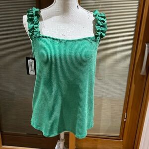 Sleeveless green ribbed ruffle strap top- size small